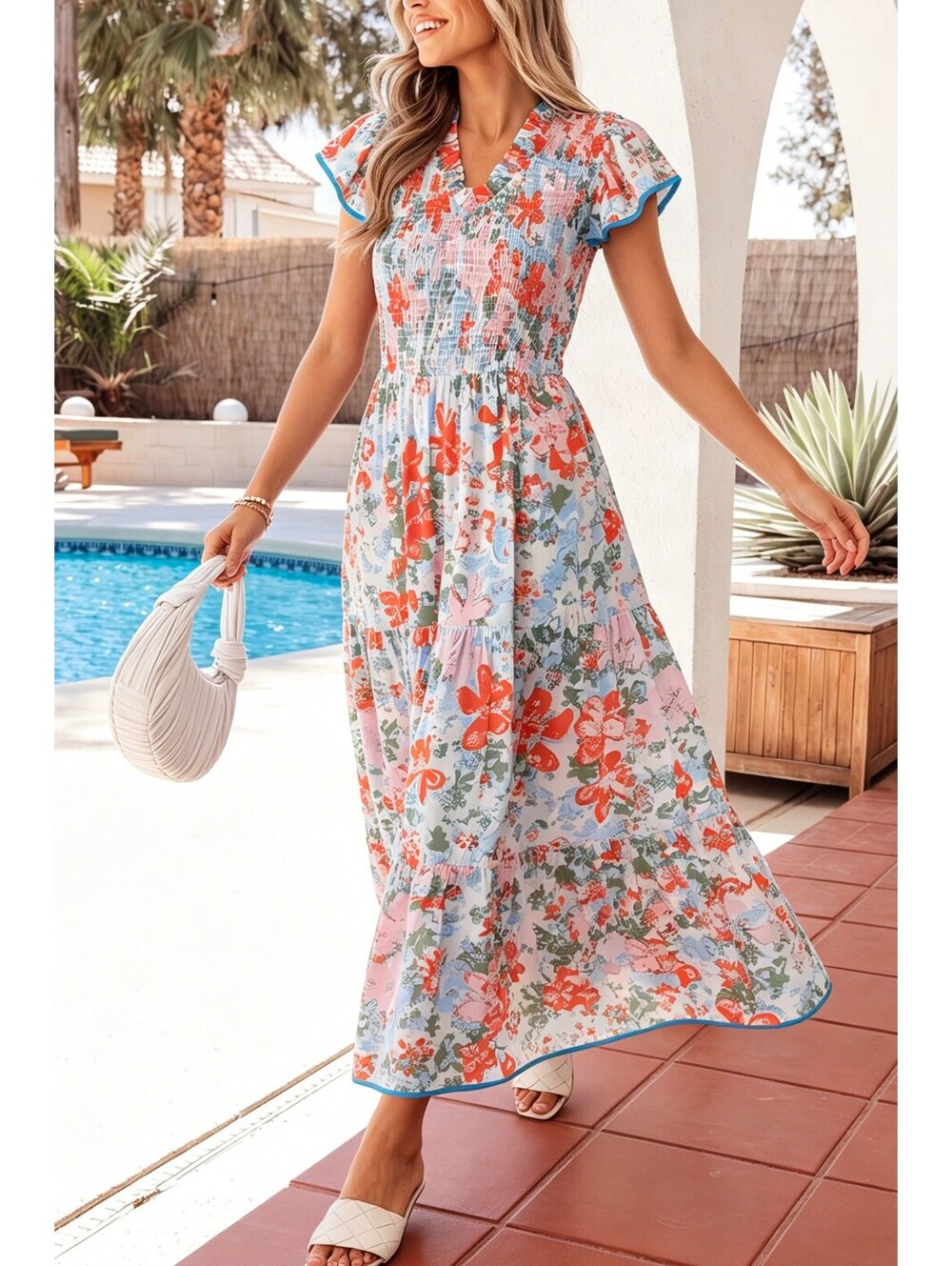 Floral Print Ruffled Sleeve Midi Dress with Smocked Bodice